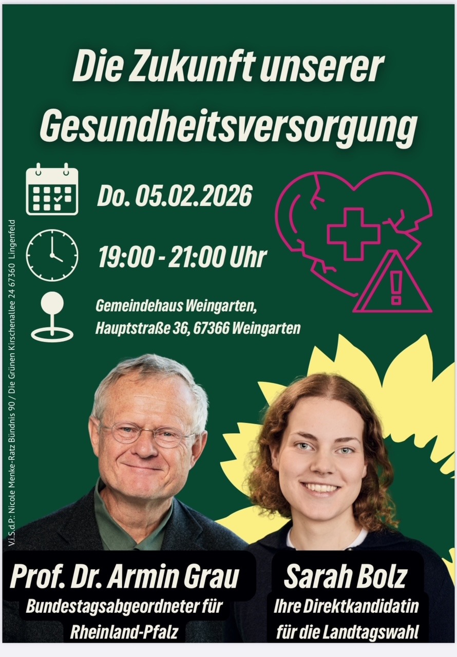 Einladung zur Info-Veranstaltung "Die Zukunft unserer Gesundheitsversorgung" mit Prof. Dr. Armin Grau (MdB) und Sarah Bolz (Direktkandidatin im Landtagswahlkreis Germersheim)